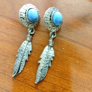 Turquoise silver feather earrings